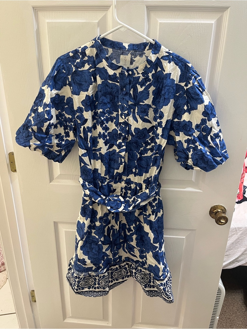 Blue and White Floral Belted Dress